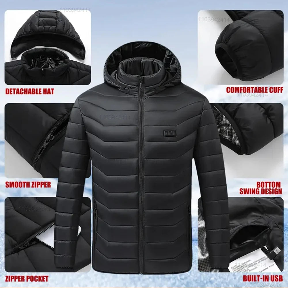 New Heated Jacket Men Women Coats 9/21 Areas USB Self Heated Clothing Winter Ski Camping Heated Down Jacket with Detachable Hood