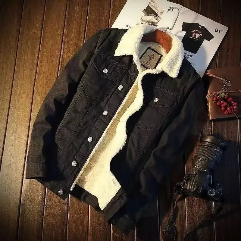 Men's Vintage Denim Jacket American Style Loose-Fit Cotton Coat With Fleece Lining And Thickened Cotton Pad For Autumn/Winter