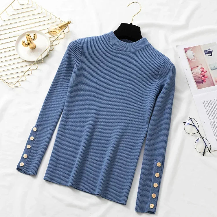 2025 Autumn Winter Casual Women Sweater Pullovers Button Long Sleeve O-neck Chic Sweater Female Slim Knitted Soft Jumper Tops