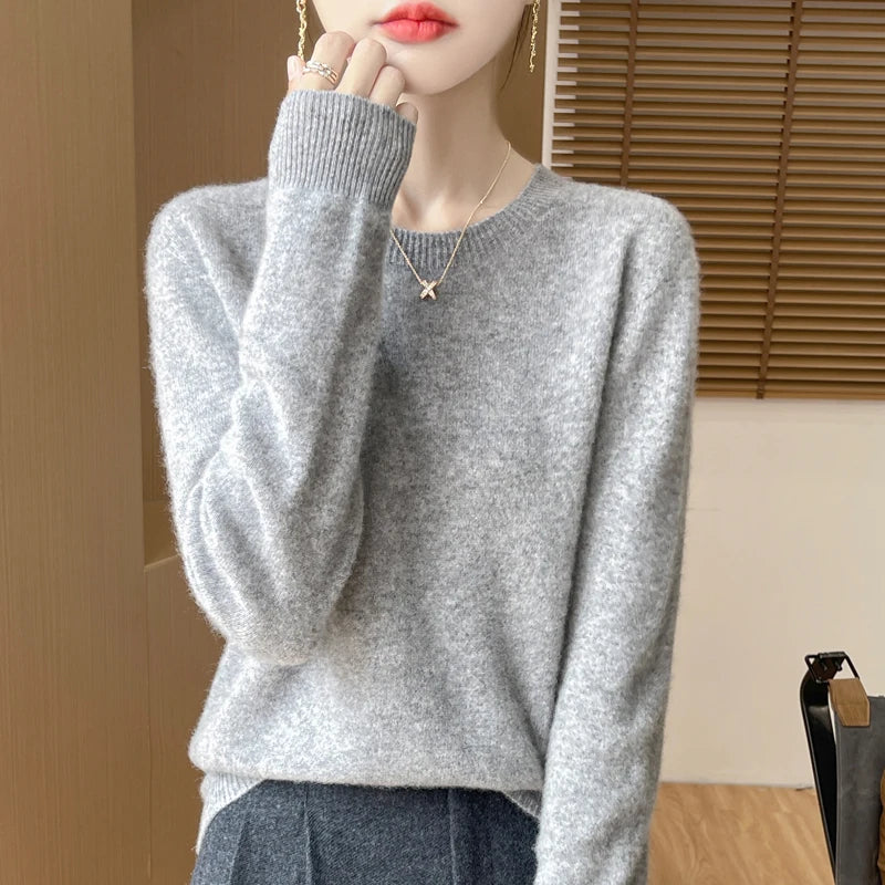 2024 Fashion 100% Merino Wool Sweater Cashmere Pullover O-Neck Long Sleeve Women Knitwear Autumn Winter Clothing Y2K Tops O Ling