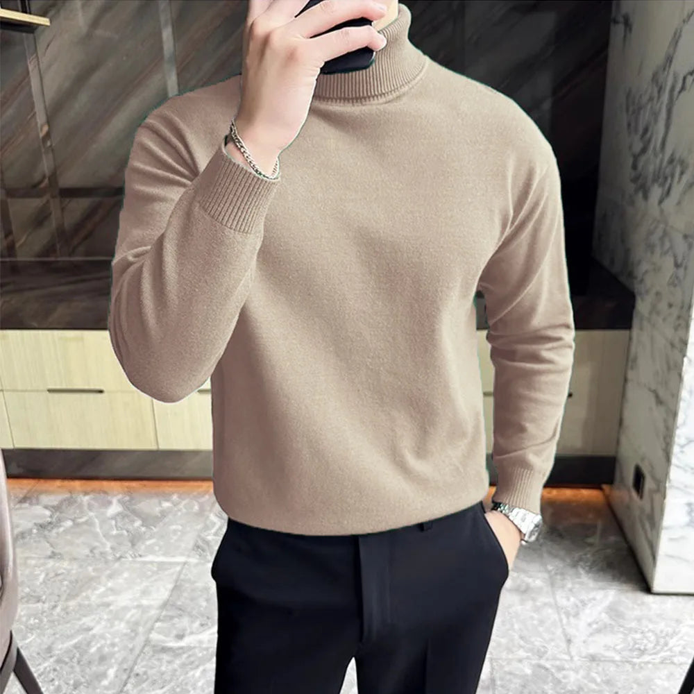 Korean Fashion Autumn Winter Sweaters Men Pullovers Fleece Turtleneck Knitted Sweatshirt Warm Bottoming Shirts