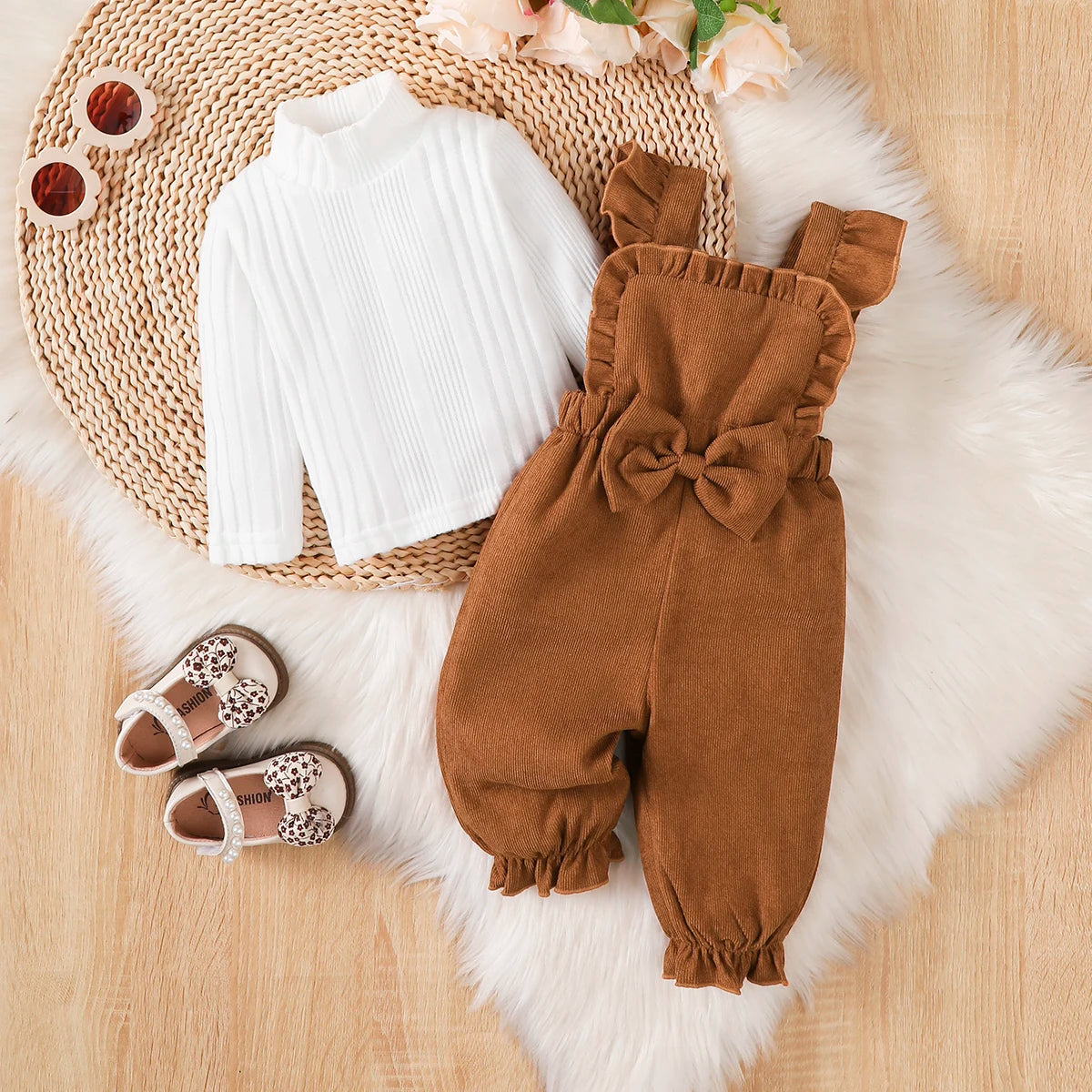 Winter  0-2  Years  Old  Infant  Baby  Girls  Long  Sleeved  Top  And  Strap  Pants  2 -Piece   Set