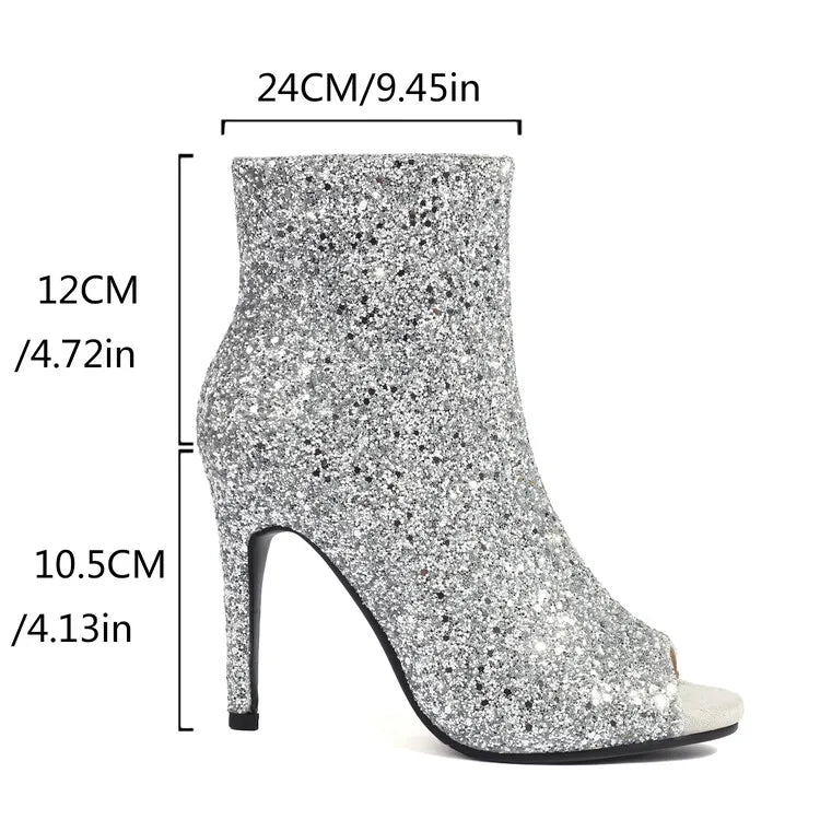 Ochanmeb Glitter Silver Peep Toe Boots Women Thin High-Heeled Open Toe Zipper Golden Sequins Ankle Boot Ladies Party Shoes 34-48