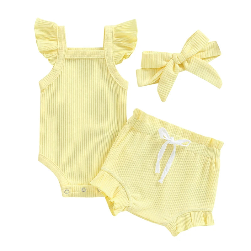 Newborn Baby Girl Clothes Summer Outfit Ruffle Sleeveless Knit Romper Top Bloomer Shorts Set