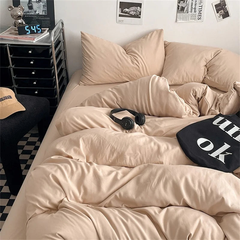 100% Cotton Bed Linen Bedding Set Washed Cotton Four Pieces Bed Sheet Set Comforter Sets Dolid Double Couple Bed Quilt Cover