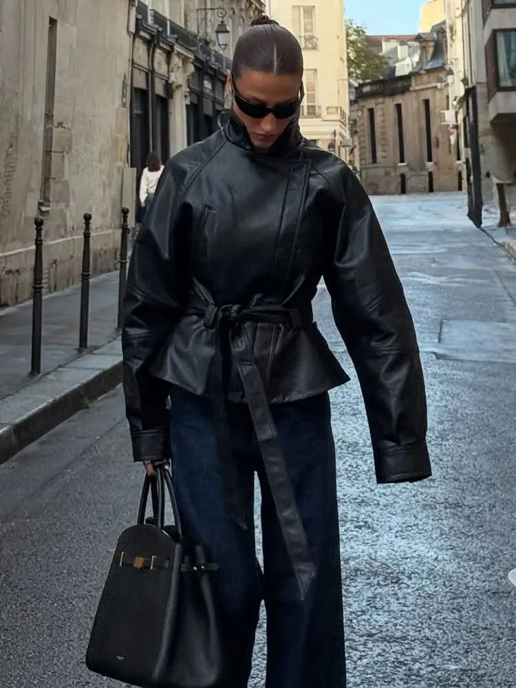 HH Women Vintage Motorcycle Jacket With Belt Faux Leather Trench Coat Long Sleeve Lapel Zipper Jacket Autumn High Street Outwear