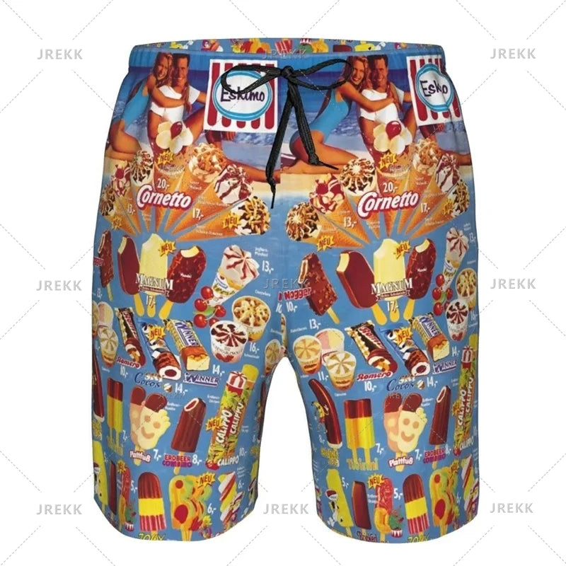 Ice Cream Poster Beach Shorts Men Kids Hot Sale Summer Popsicle Pattern Swimming Trunks Cool Street Oversized Short Pants
