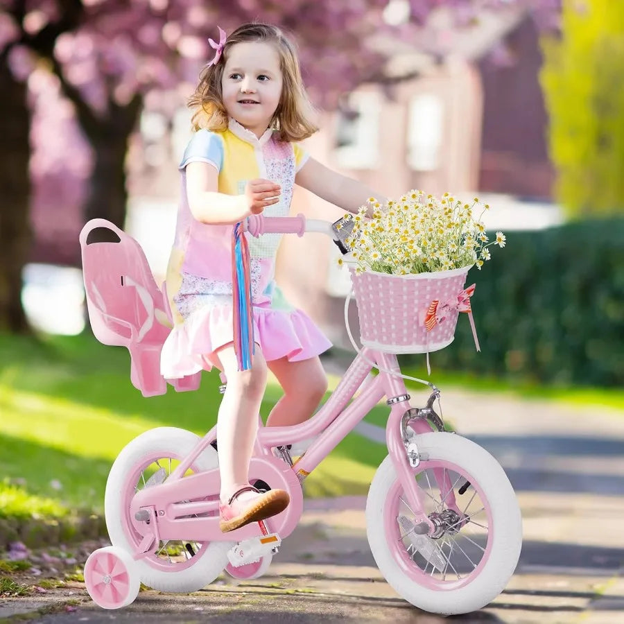 Toddler Girls Bike for Age 2-12 Years Old 12 14 16 20 Inch Girls Bike with Training Wheels and Doll Seat Bicycle with Basket Ad