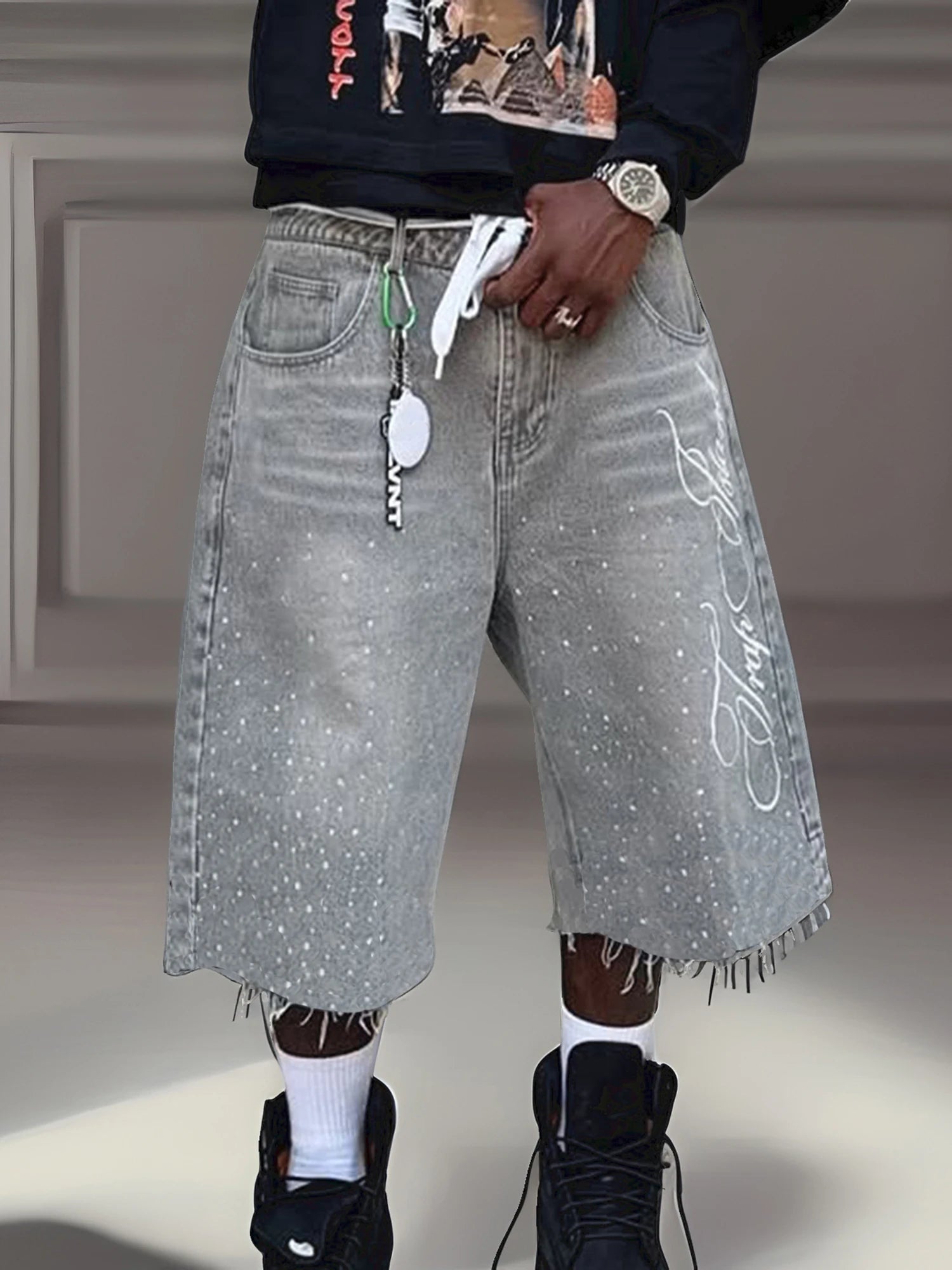 Men s Stylish Knee-Length Denim Shorts with Embroidered Logo and Rhinestone Detailing for Summer Casual Wear