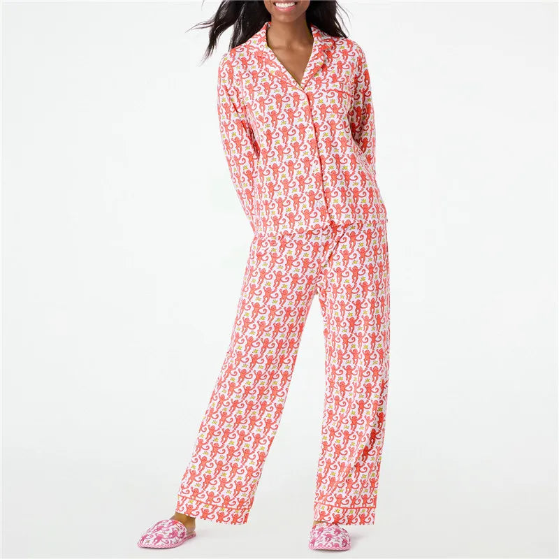 Roller Rabbit Monkey Pajamas Preppy Pjs Cute Pj Pants Sets For Women Y2k Long Sleeve Pajamas Set 2 Piece Loungewear
