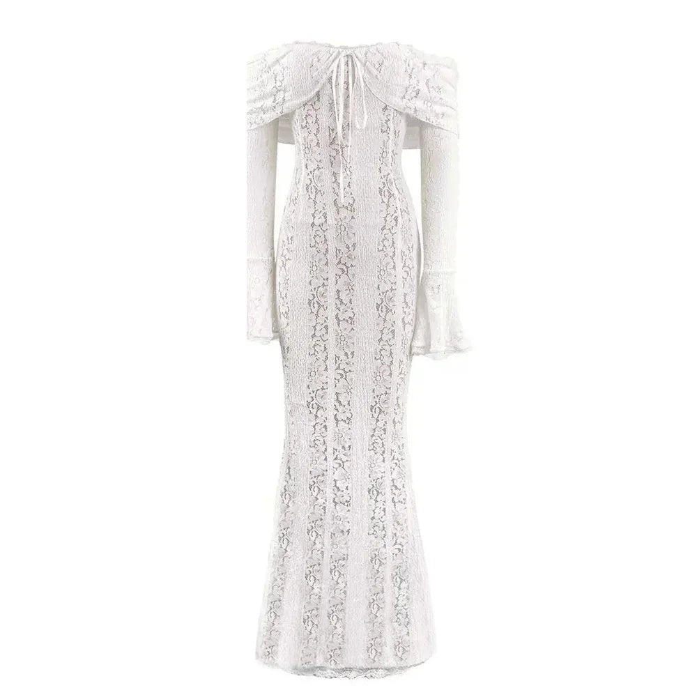 Suninheart White Off The Shoulder Autumn Bodycon Dress 2025 Long Sleeve Elegant Lace Maxi Dress Wedding Guest Dress for Women