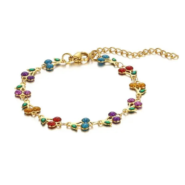 Stainless Steel Charm Cherry Bracelet for Women Bohemian Colorful Fruit Metal Chain Bracelets Girl Party Holiday Wrist Jewelry