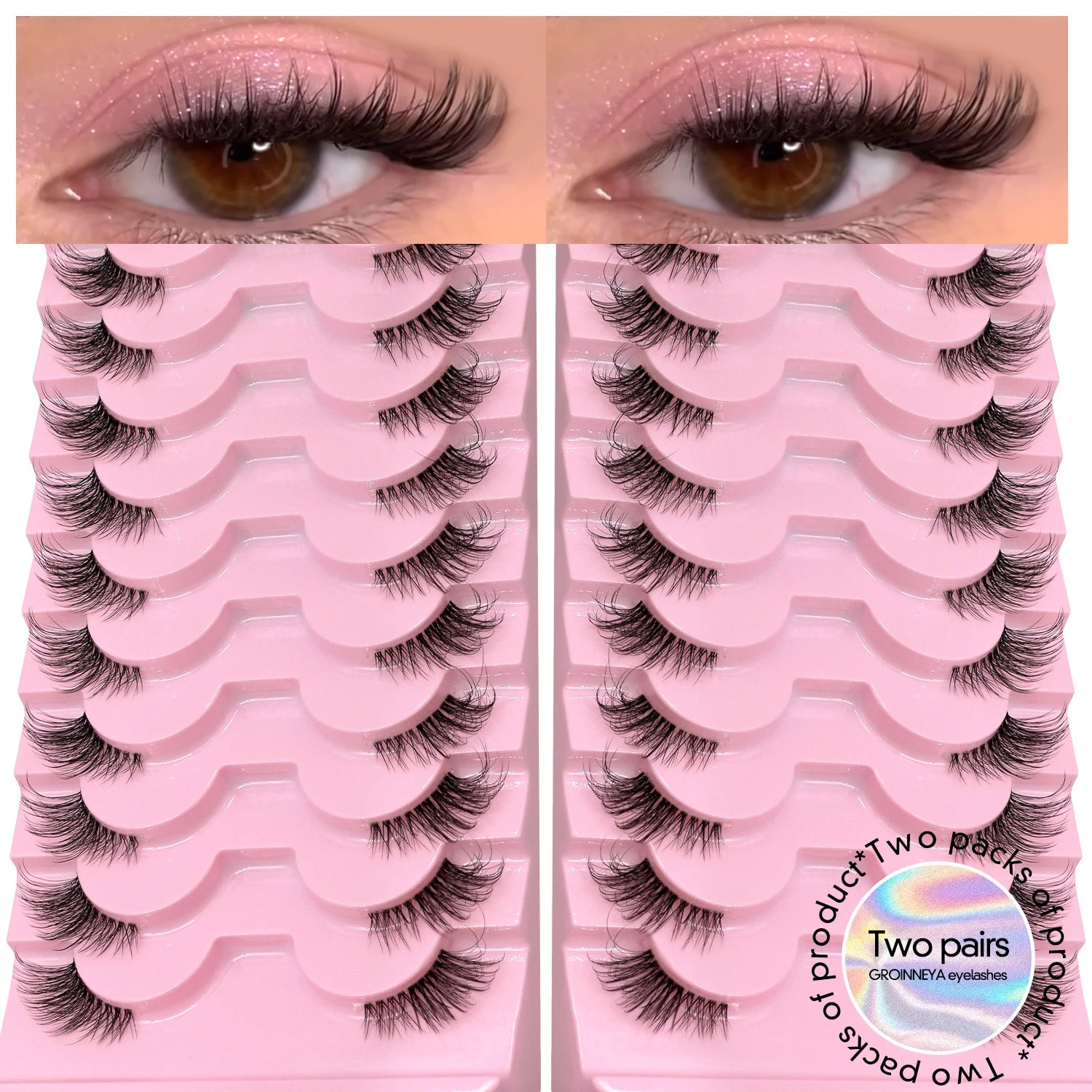 GROINNEYA Two Boxs Half Eyelashes Natural Fluffy Cat Eye Lashes Soft Wispy Faux Mink Lashes Winged End Eye Elongated Eyelashes