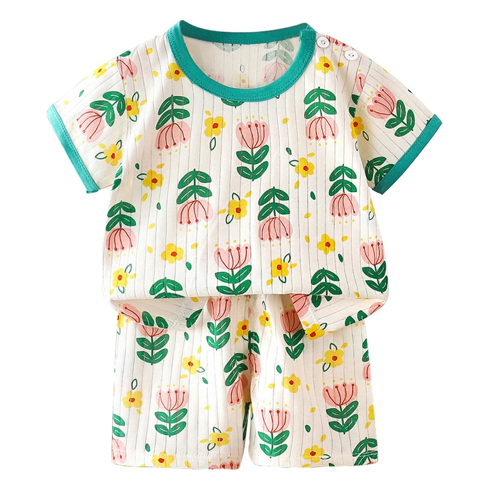 2 Pcs Dinosaur Print T-shirt Set Children's Cartoon Pajamas Sets Boys Kid's Short Sleeve Summer Korean Style Baby Girl Clothes