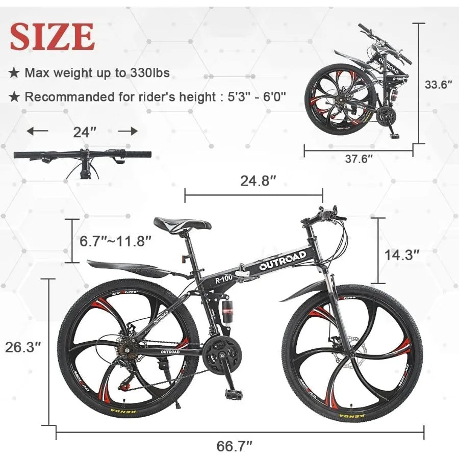 26 Inch Folding Mountain Bike with High Carbon Steel 21 Speed City Bike with Dual Suspension Folding Bicycle for Adults Men and