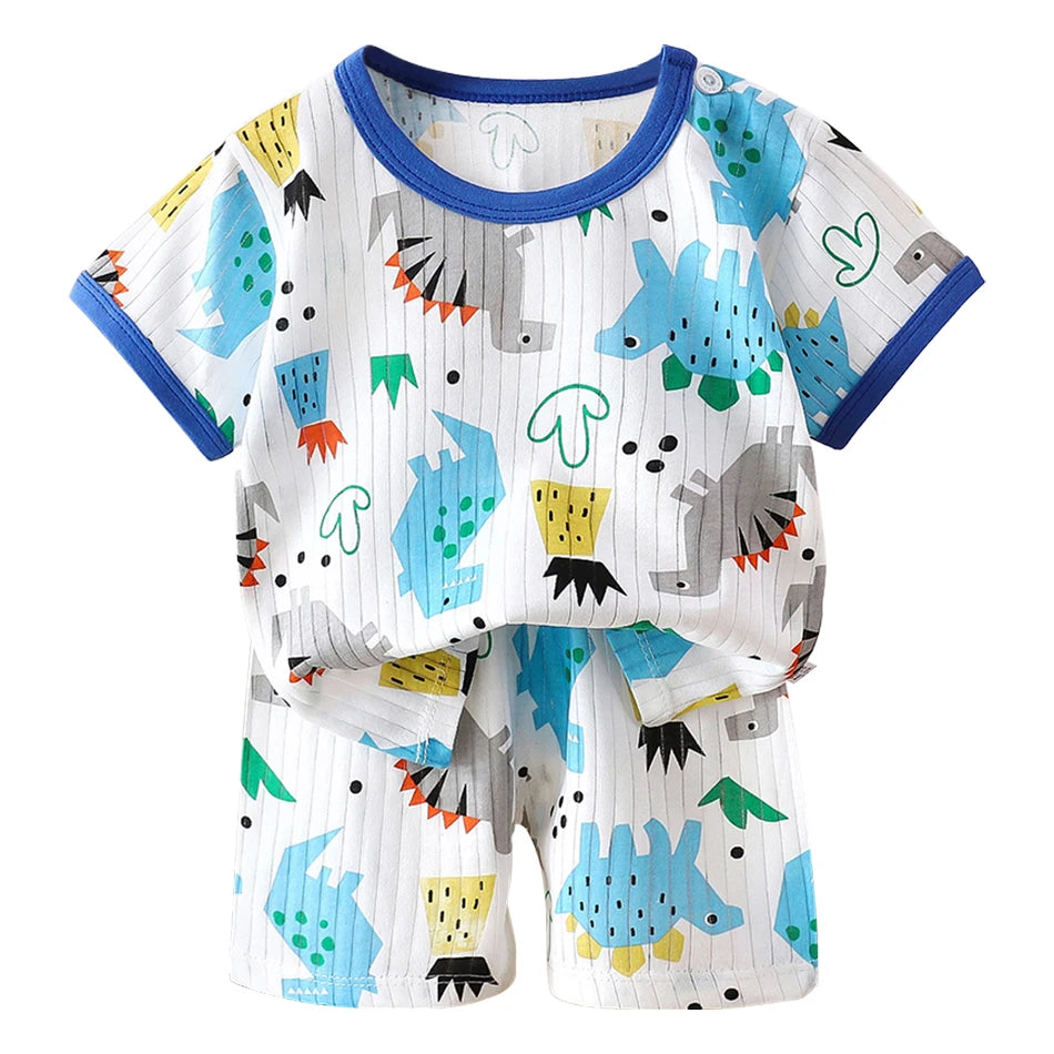 2 Pcs Dinosaur Print T-shirt Set Children's Cartoon Pajamas Sets Boys Kid's Short Sleeve Summer Korean Style Baby Girl Clothes