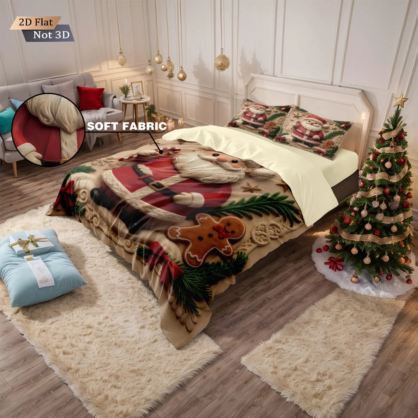 3pcs imitation relief Santa Claus print coreless duvet set, multi size bedroom bedding, holiday decoration, machine washable