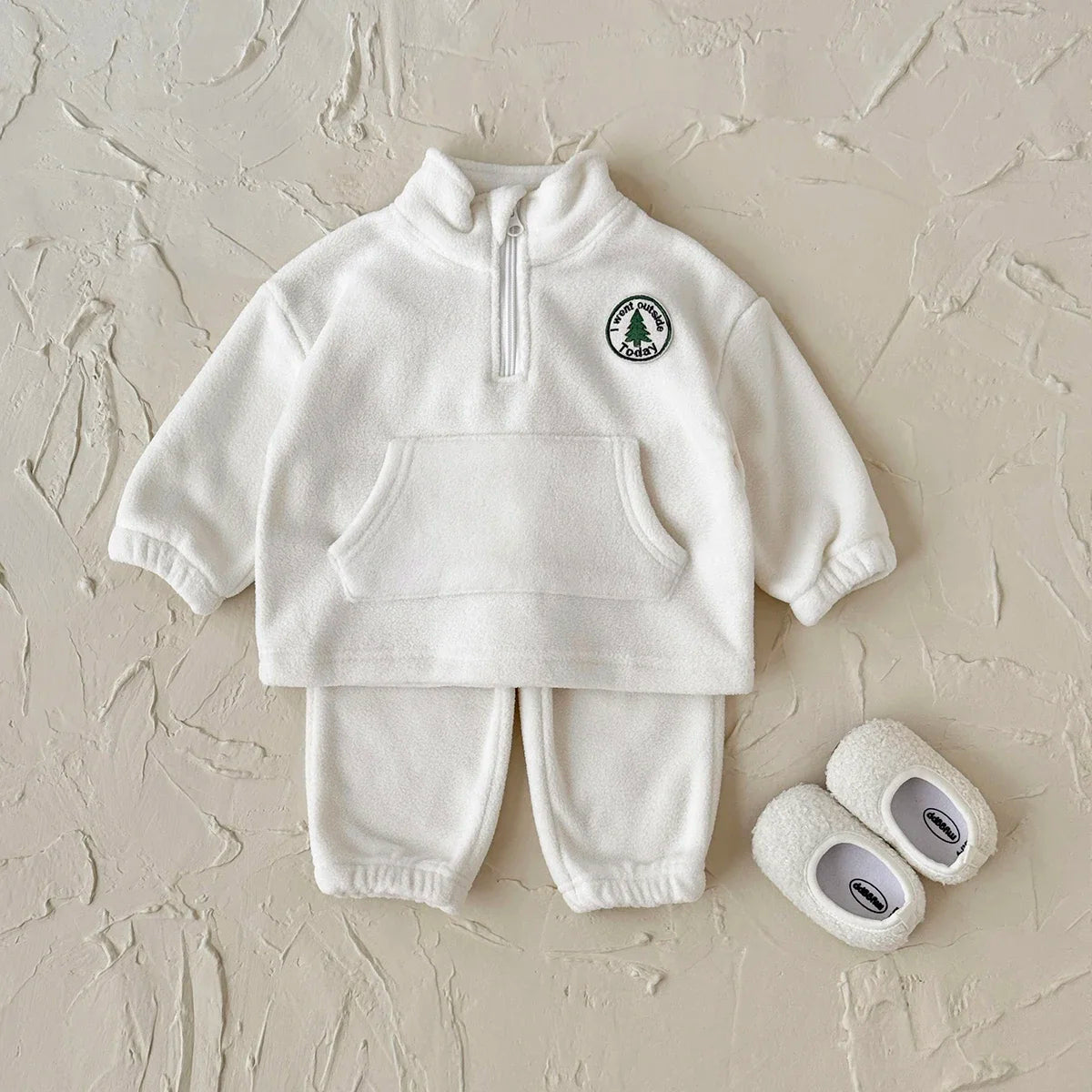 Autumn Winter Thermal Suit Baby Boys Girls Sets Polar Fleece High Neck Badge Pocket Pullover Solid Pants Kids Clothes