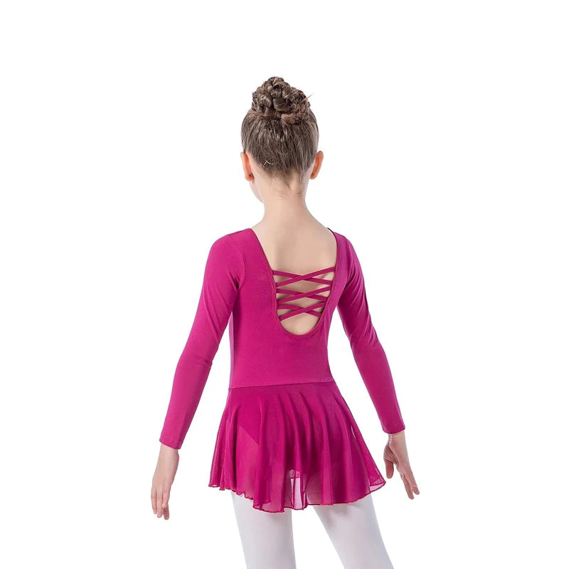 Girls' Ballet Leotard Toddler hollow out  Back Dorsal do alternately  Long Sleeve Skirt Kids Mesh Dance Dress