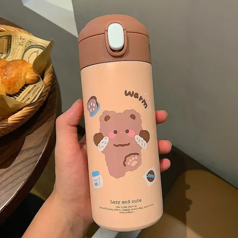 380ML Stainless Steel Thermos Vacuum Flask Cute Cartoon Thermal Water Bottle for Girls Insulated Straw Cups Tumbler Drinkware