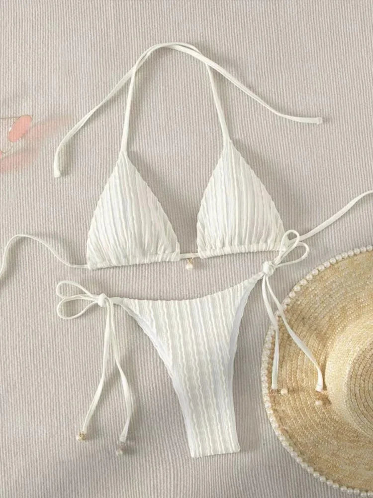 Vzvn 2025 New Summer Swimwear Bikinis Set Sexy Backless Bikini 2 Pieces Set Women Laced Up Solid Split Swimsuit Beach Bikini