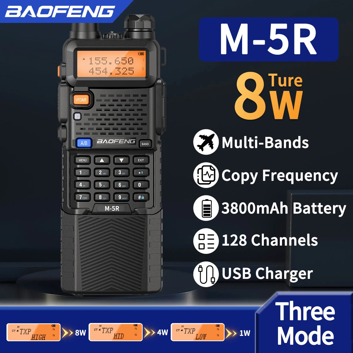 2X BAOFENG M-5R 8W Walkie Talkie 3800mAh Battery Multi Band AM Type-C USB Copy Upgraded UV-5R UV5R Long Range Two Way Ham Radio