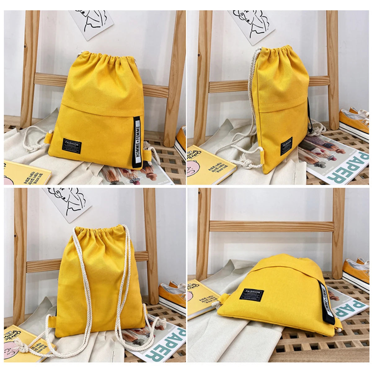 Canvas School Bag Double Shoulder Drawstring Backpack Drawstring Pocket Portable Casual Backpack Women Men Travel Backpack-A-DH