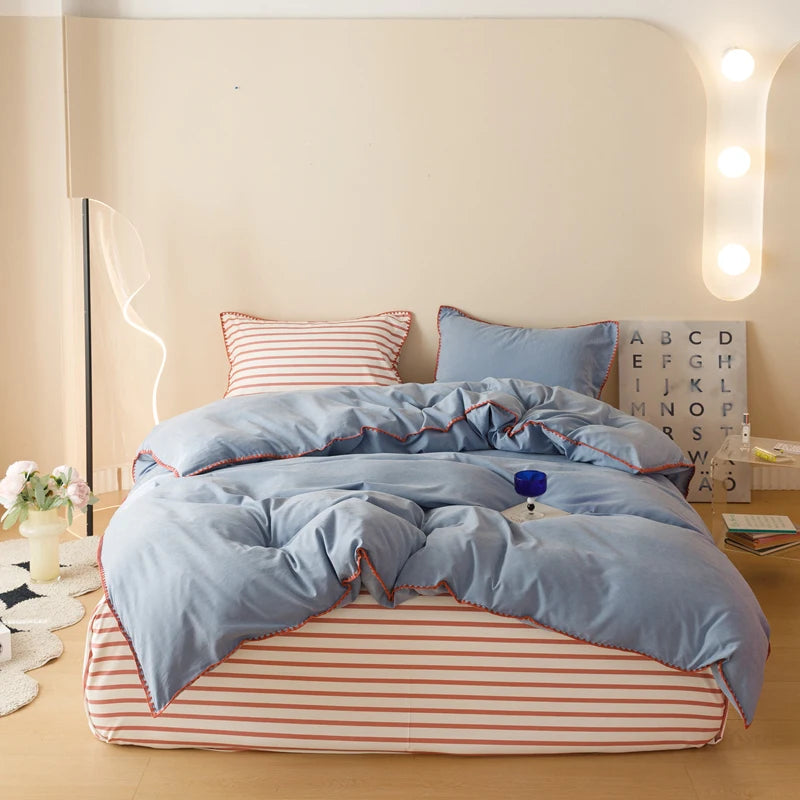 Blue Protein Durable Washed Cotton Bedding Set Striped Color Block Shell Embroidery Comforter Cover with Standard Pillowcases