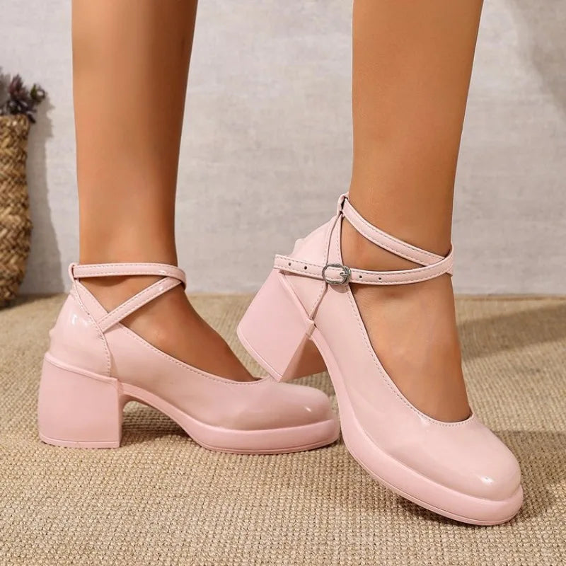 Fashion Ankle Strap Mary Janes Women 2025 PU Heel Pumps Woman  Party High Heels Shoes Female