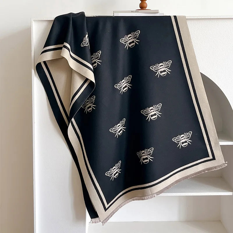 Luxury Brand Two-Sided Bees Scarf Imitation Cashmere Soft Warm Fringe Pashmina Shawl Winter Coldproof Windproof Blanket Scarf