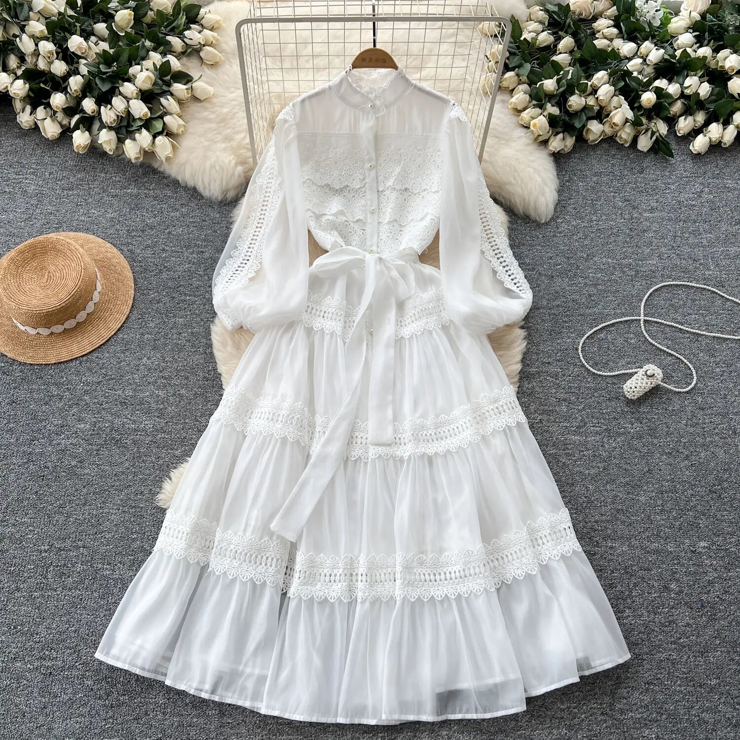 Elegant Hollow Out Organza Long Maxi Dresses Shirt Women Spring Summer Layer Ruffle Full Sleeve Pearl Evening Party Vestidos