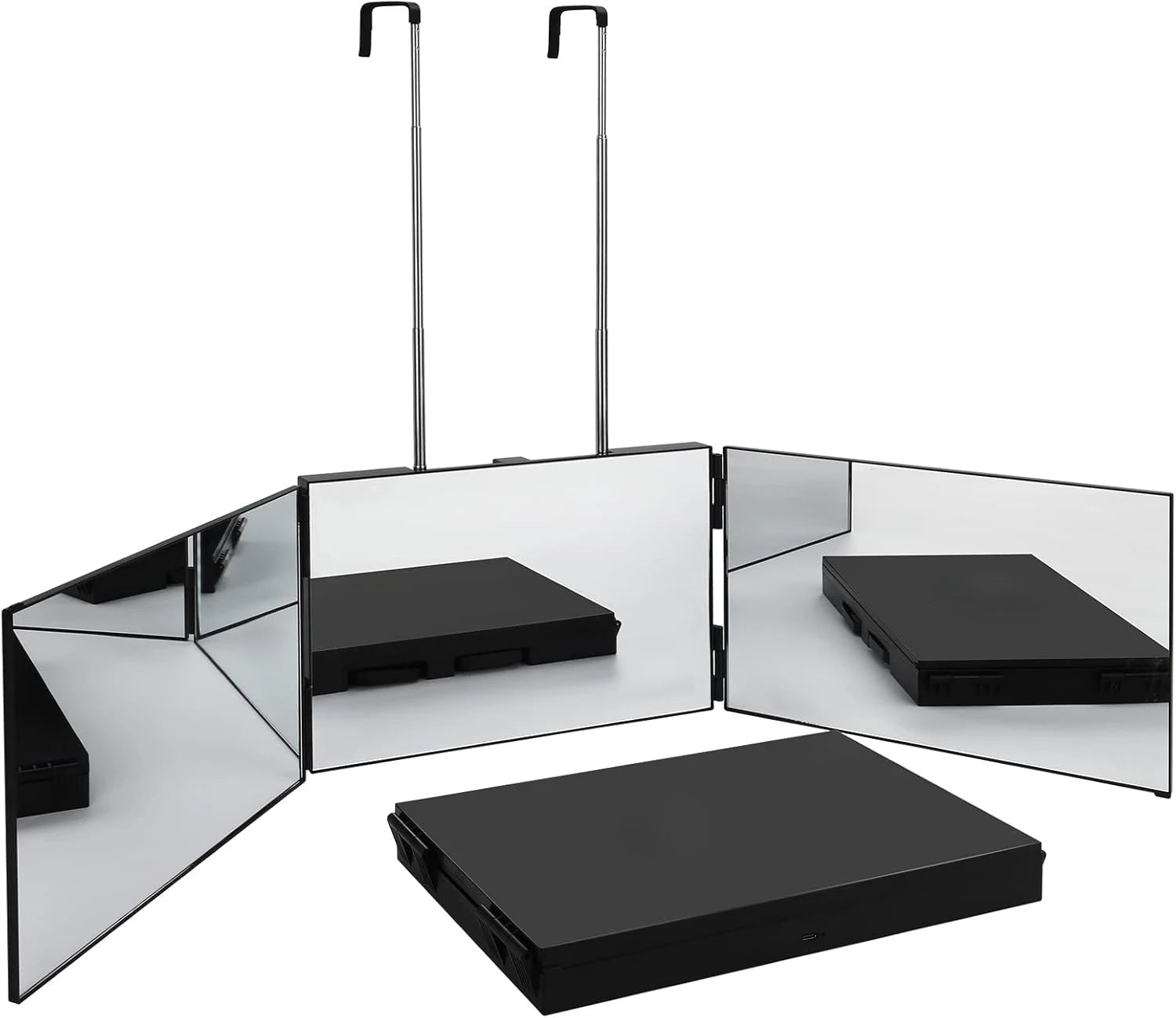 S Travel Portable 360 Trifold Vanity Makeup Mirror with Height Adjustable Telescoping Hook for Hair Self Cutting Fordable Mirror