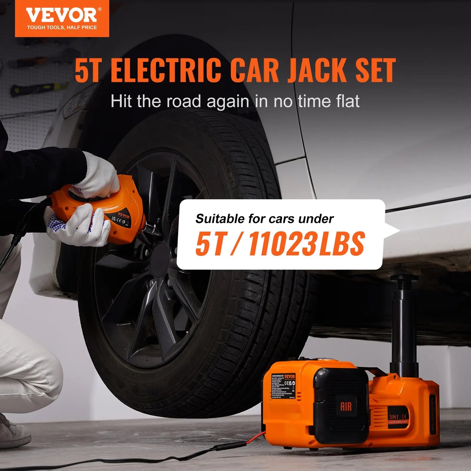 VEVOR Electric Car Jack, 5 Ton/11023 LBS Hydraulic Jack Lift with Electric Impact Wrench, Built-in Inflatable Pump